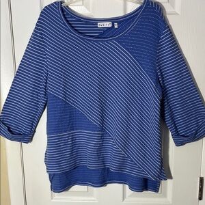 Habitat boxy relaxed pullover top patchwork geometric striped rolled cuff blue L